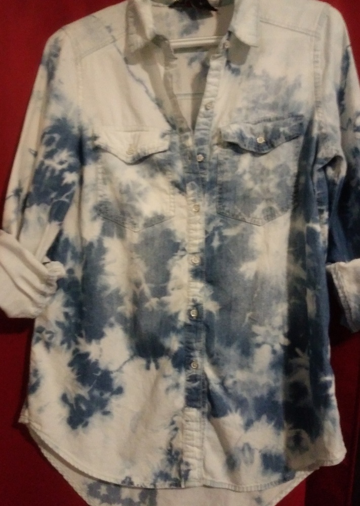 Bleach-dyed denim button down shirt